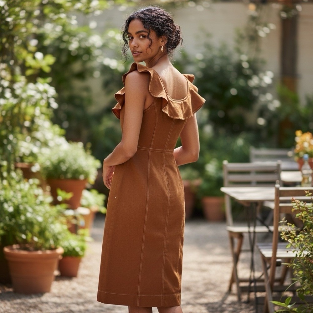 Anthropologie Medium Tan Ruffle‎ Sleeve Stretch Button-Up Fitted MIDI Dress New